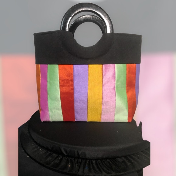 Handbags - Quirky tote with wooden handles ,magnetic clasp,bright colours in satin fabric